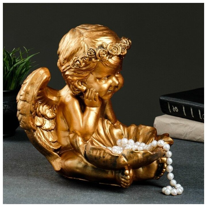 Хорошие сувениры Фигура - подсвечник "Ангел с кувшинкой" 23х23х27см бронза - фотография № 1