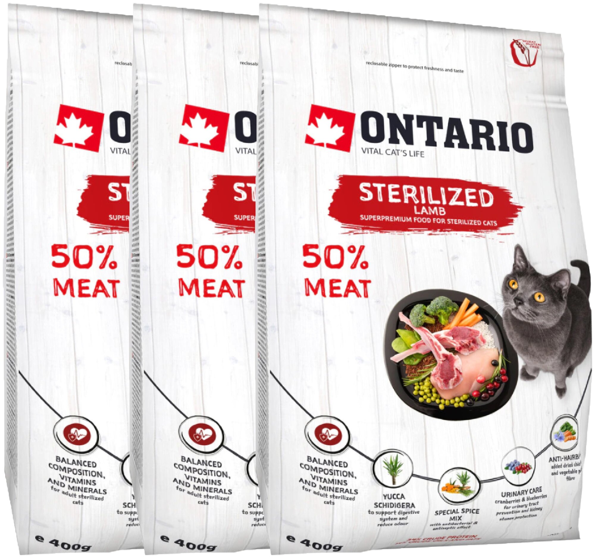 Сухой корм для стерилизованных кошек Ontario с ягненком 3 шт. х 400 г - фотография № 1