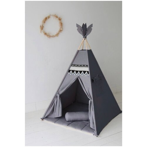 Вигвам игровой домик серый льняной с матрасом и подушкой полный комплект