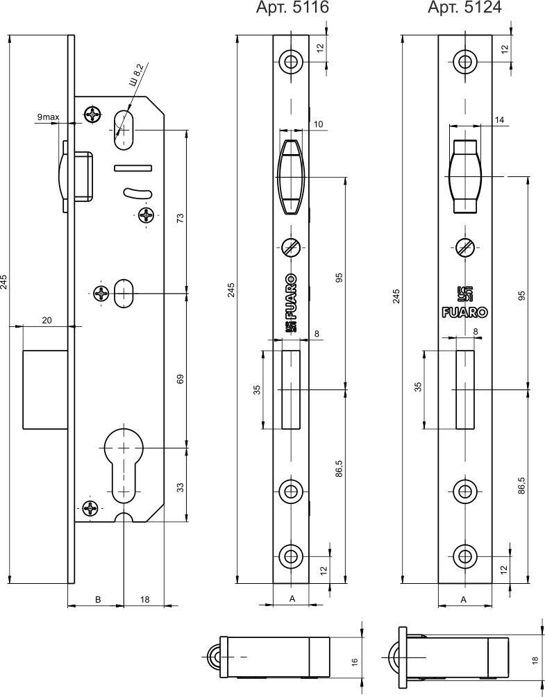 Корпус узкопрофильного замка с роликом 5116-25 CP хром