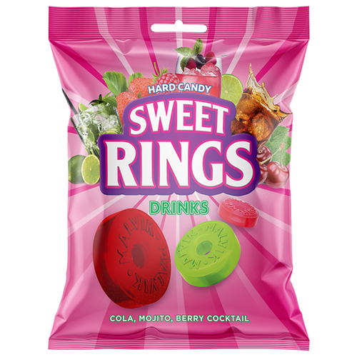 Карамель леденцовая Малвикъ Sweet Rings Drinks со вкусом колы мохито, 180 г, флоу-пак