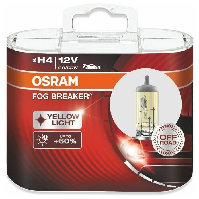 Галогенная лампа OSRAM H4 60/55 P43t FOG BREAKER 2600K 12V, 2 шт. 62193FBR-HCB/Автолампы