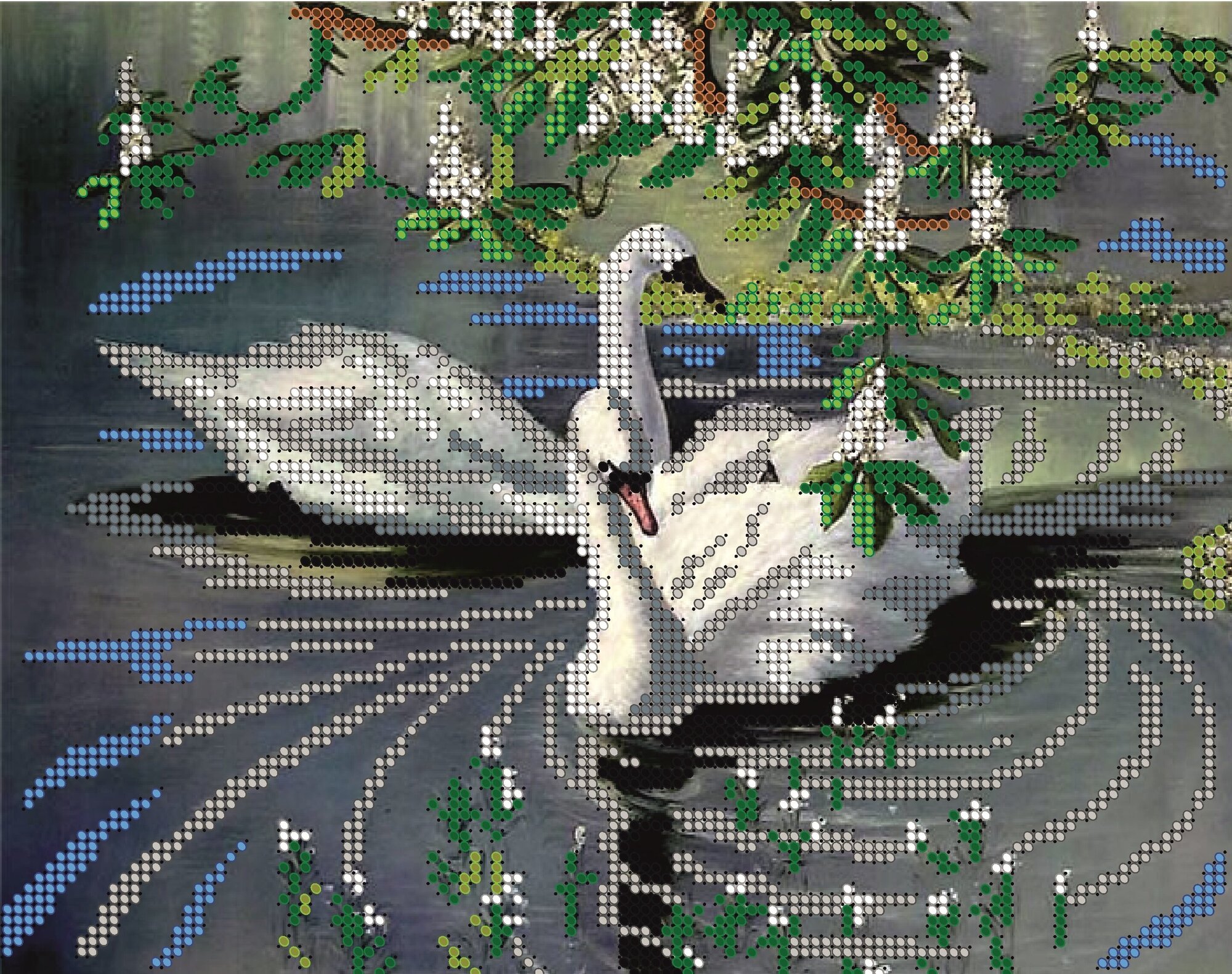 Вышивка бисером картины Лебеди 19*24см