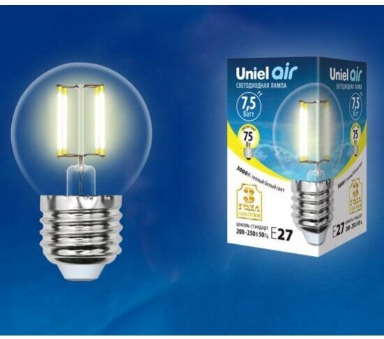 Светодиодная лампа Uniel LED-G45-7,5W/WW/E27/CL GLA01TR Форма "шар", прозрачная. Серия Air. Теплый белый свет (3000K). Картон. ТМ