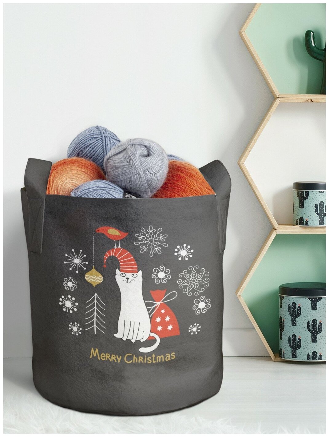 Текстильный мешок горшок для рассады и цветов, из войлока гроубэг JoyArty "Новогодний котик" 19 л