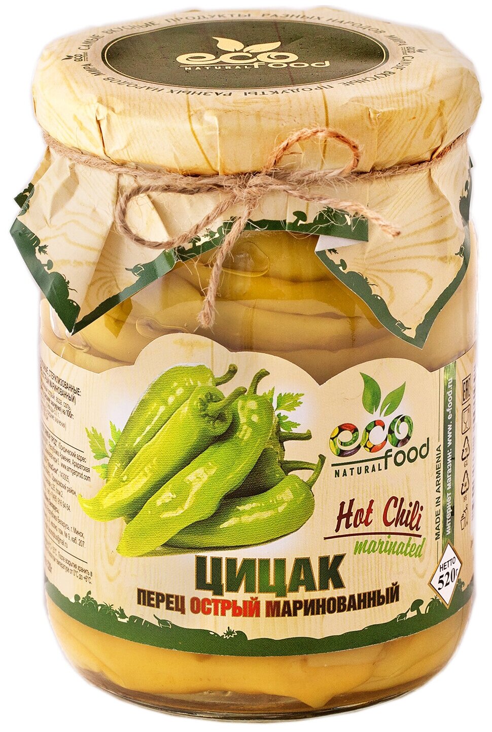 Цицак. Перец острый маринованный, 520г ECOFOOD