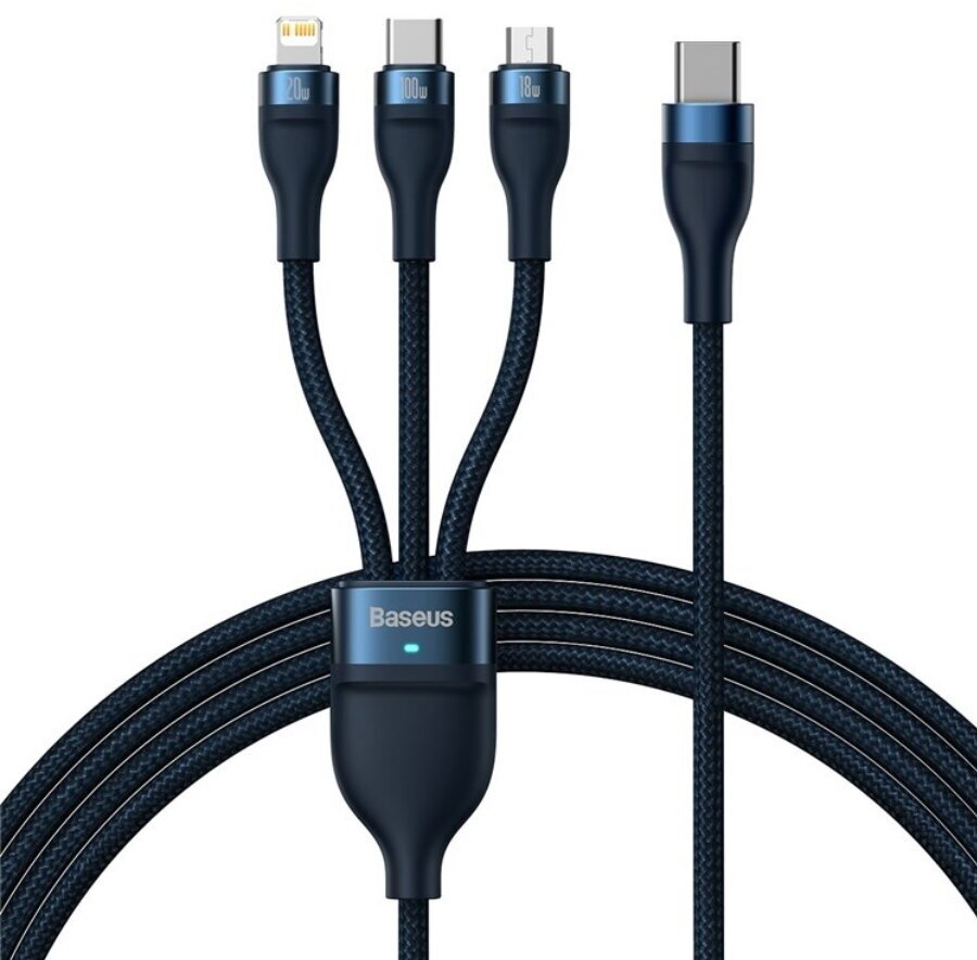 Кабель Baseus Flash Series II One-for-three Fast Charging Cable Type-C to M+L+C 100W 1.5m Blue (CASS030203)
