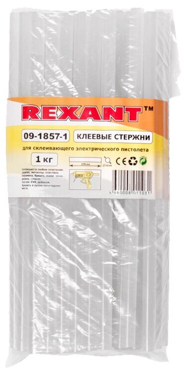 Клеевые стержни REXANT, Ø11 мм, 270 мм, прозрачные, 1кг., пакет