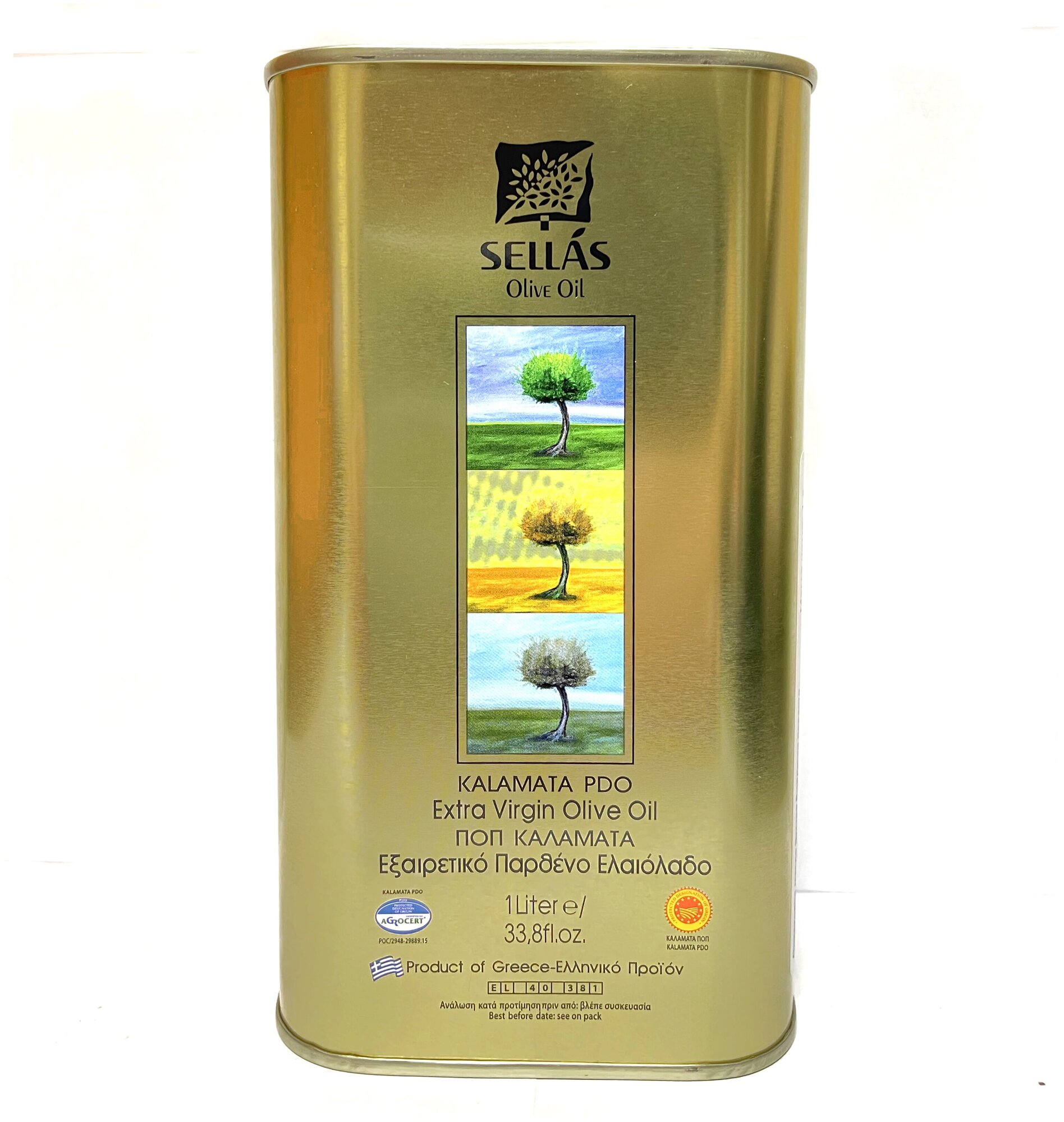 Оливковое масло Sellas Extra Virgin P.D.O. Kalamata 1л, (Греция, Пелопоннес, жесть)