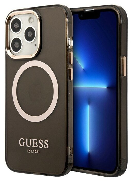 Чехол Guess Metal outline Hard для iPhone 13 Pro, черный/золотой (MagSafe)