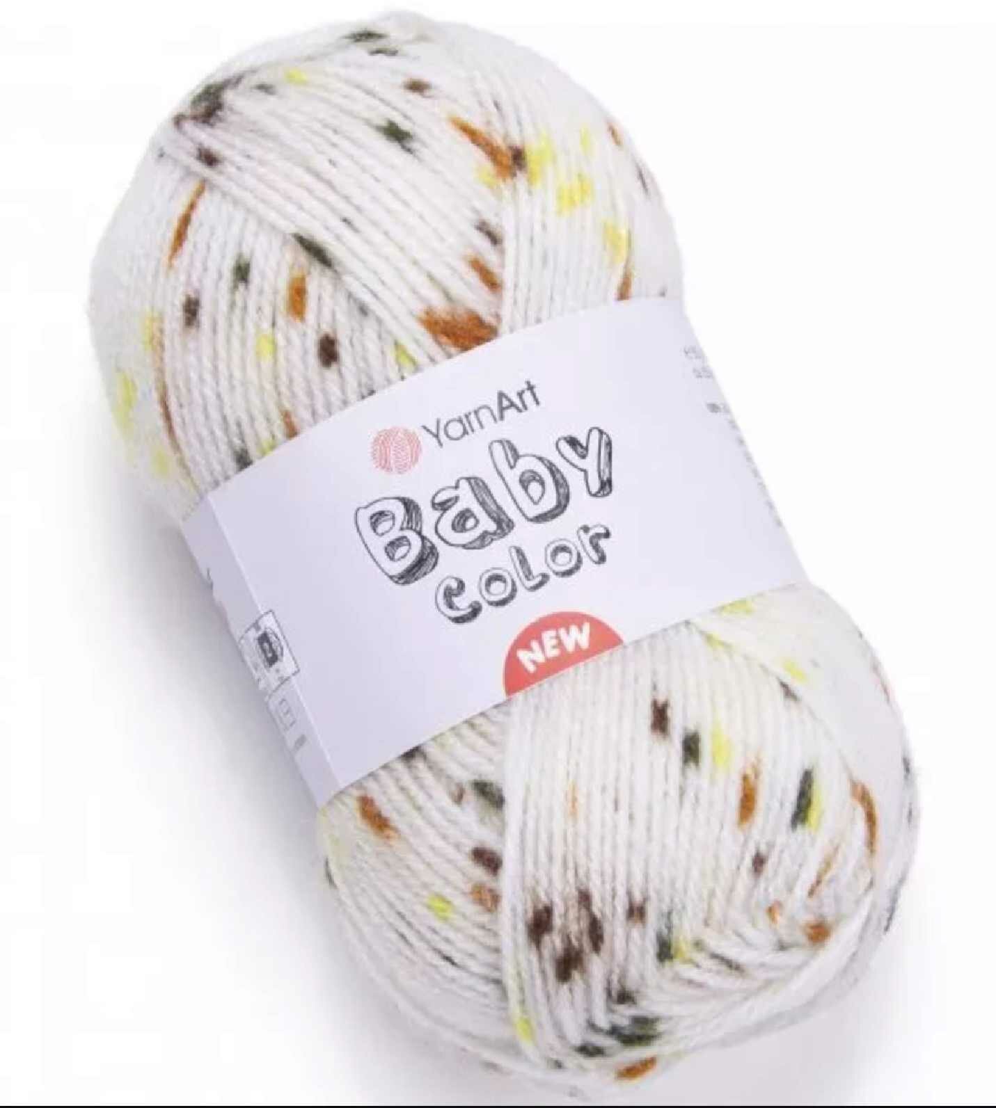 Пряжа Yarnart Baby Color белый-коричнево-желто-зелено-оранжевая крапинка (206), 100%акрил, 150м, 50г, 1шт