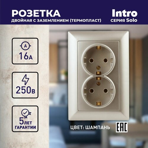 Розетка Intro Solo 4-205-04 с заземлением двойная 2X2P+E Schuko 16А-250В IP20 скрытой установки шампань