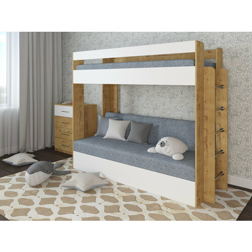 Кровать двухъярусная с диваном Есэндвич new Лаворо, 209х84х174 см (Анкор Белый/Дуб Аризона/Savana Plus Lagoon)