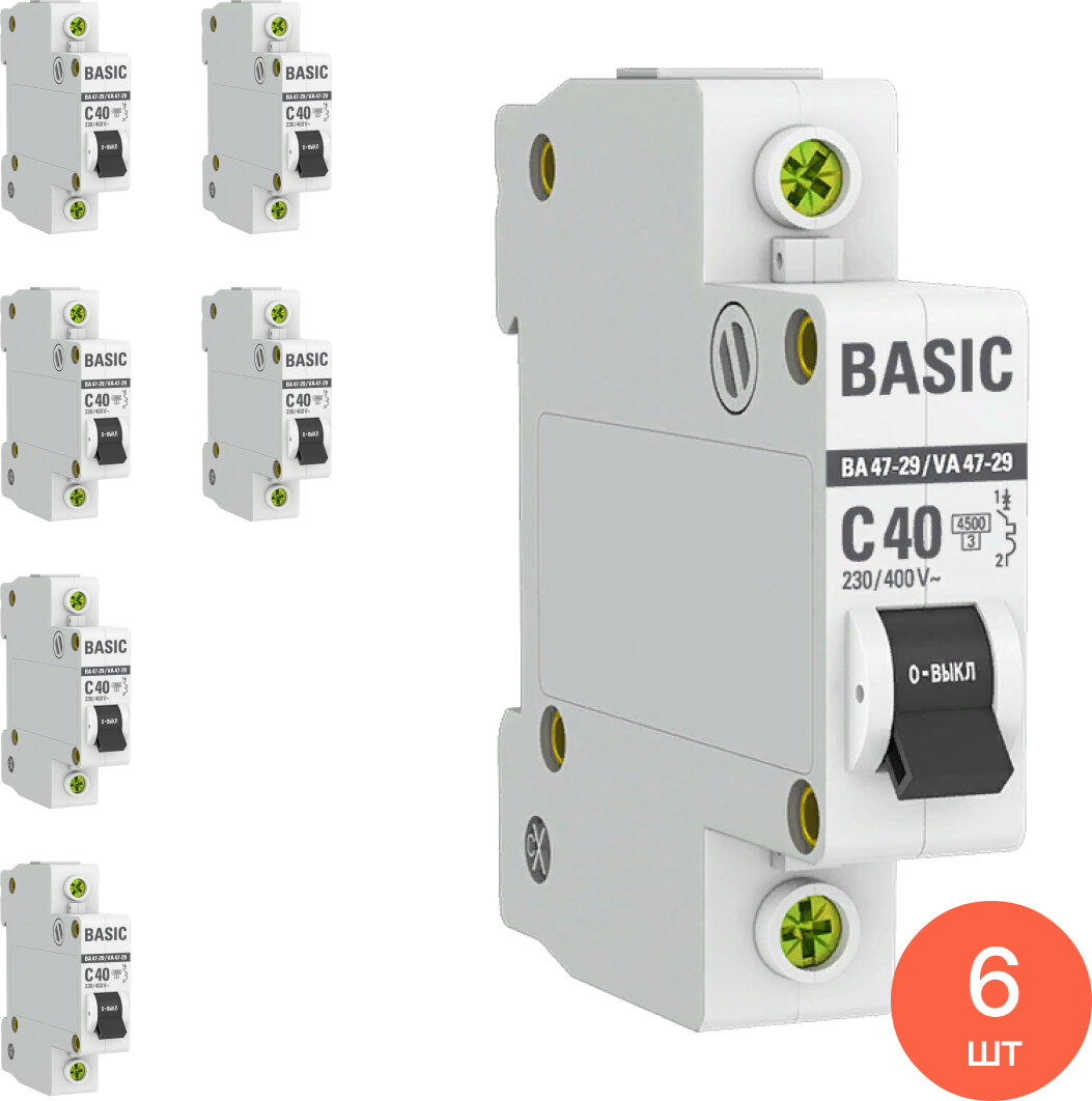 Автоматический выключатель EKF / ЕКФ ВА 47-29 Basic 1Р 40А характеристика С 4.5кА mcb4729-1-40C / электроавтомат (комплект из 6 шт)