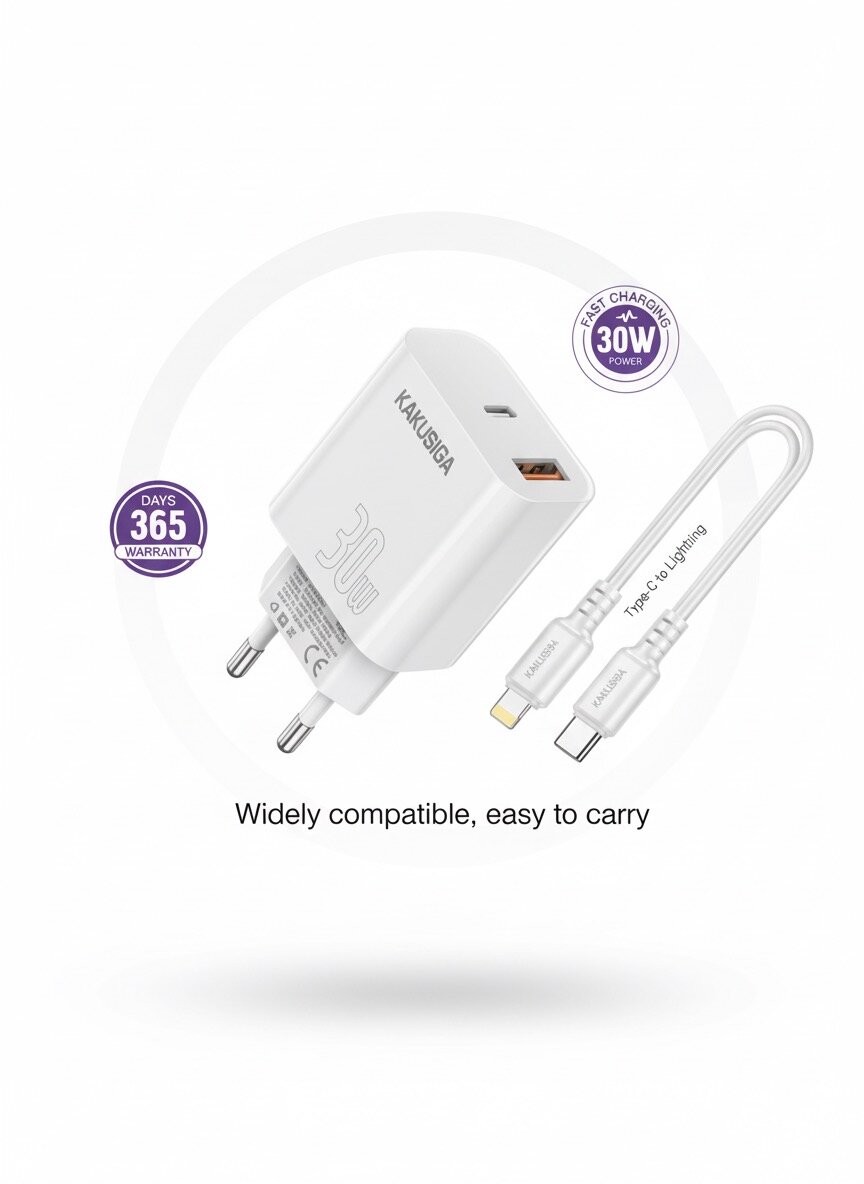 Зарядное устройство Kakusiga JB048, белый, с кабелем Type-C/Lightning, 1м — фото 1