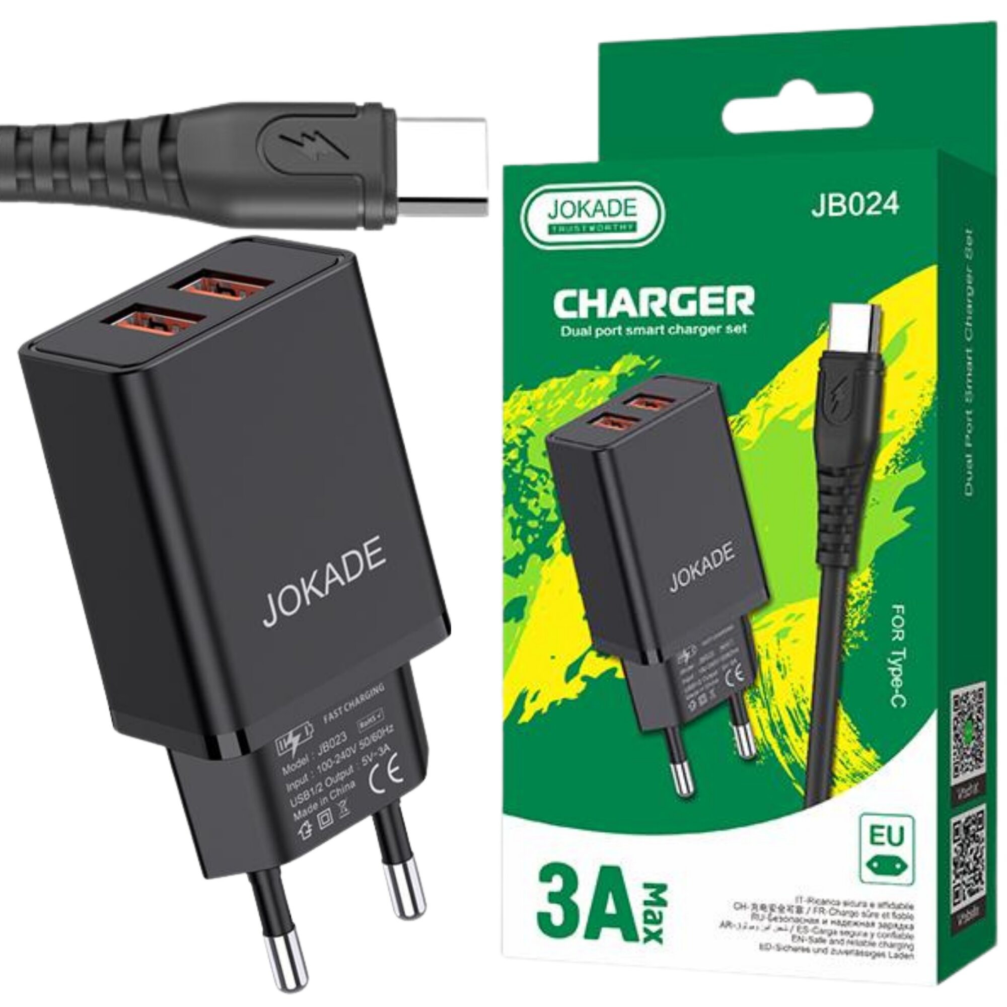 Зарядное устройство JOKADE JB024, с кабелем Type-C, для двух устройств, черный
