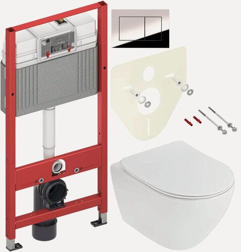 Изображение товара Комплект 3 в 1 Унитаз подвесной Cezares Stylus CZR-513-TH-R / Сиденье CZR-2316-SC, с микролифтом / Инсталляция с кнопкой TECE Now 9400412 цвет хром