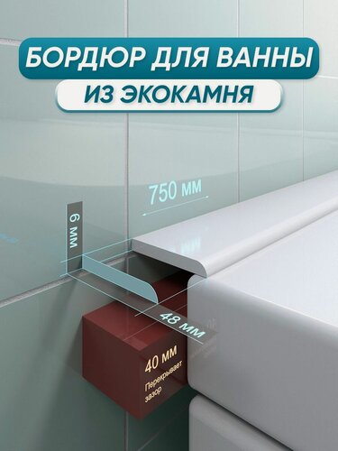 Изображение товара Акриловый бордюр плинтус для ванны BNV СВ48 75 сантиметров, белый цвет, глянцевая поверхность