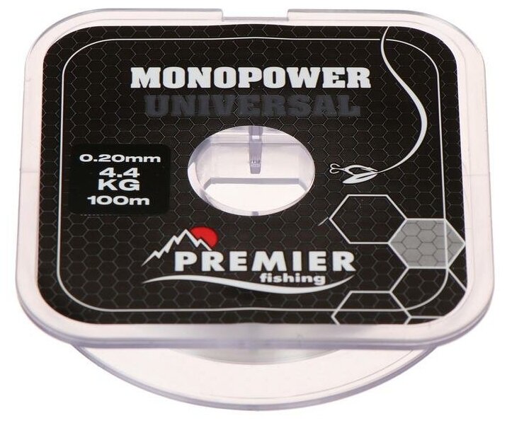 Леска Preмier fishing MONOPOWER Universal, диаметр 0.2 мм, тест 4.4 кг, 100 м, прозрачная