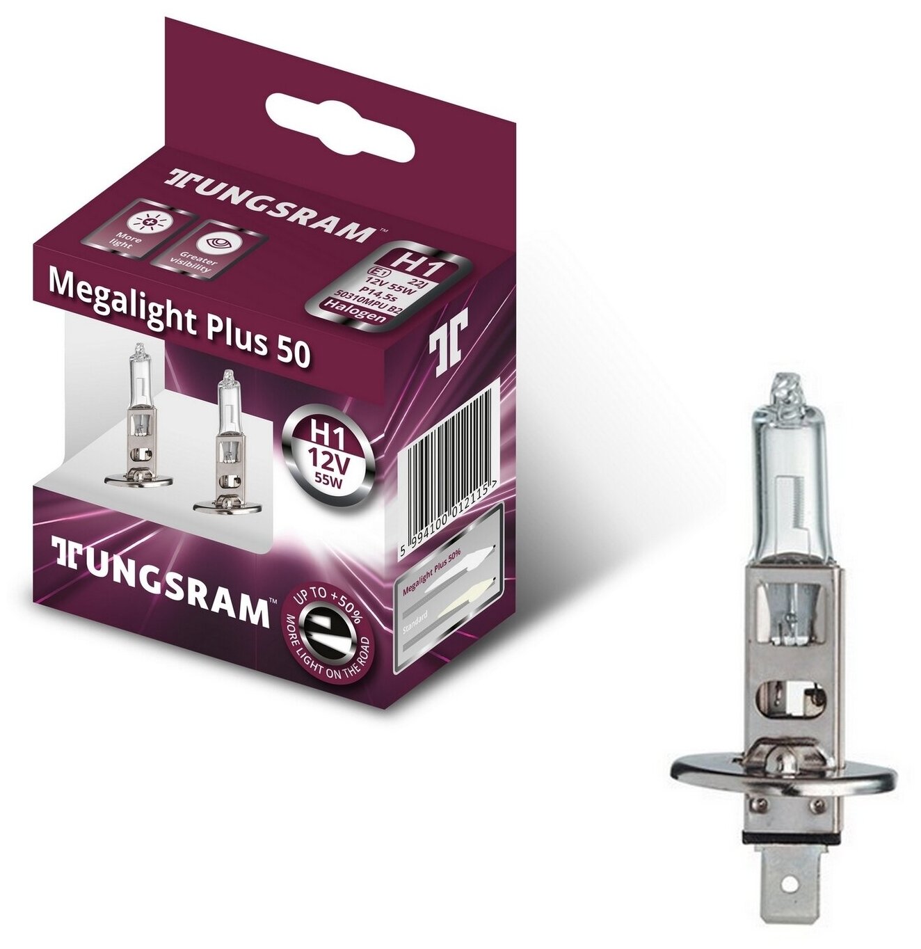 Лампы TUNGSRAM "Megalight Plus +50", H1, +50%, 12V, 55W, P14,5s, 3200K, комплект 2 шт.