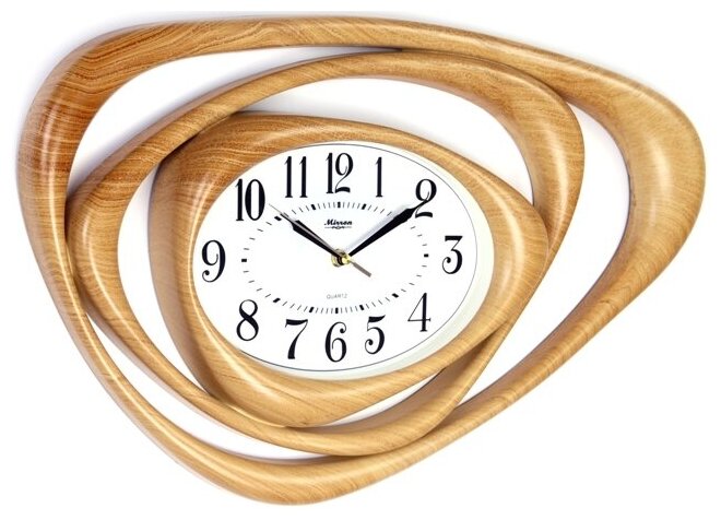 Большие настенные кварцевые часы MIRRON S99A ндзб/Часы космос/Форма орбита/Оригинальные часы/Светло-коричневый (под дерево) цвет корпуса/Белый (светлый) циферблат/Бесшумный плавный механизм