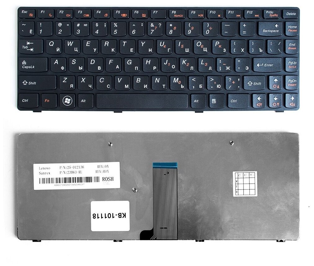 Клавиатура для ноутбука Lenovo IdeaPad B480, G480, Z380, Z480 Series. Плоский Enter. Черная, с черной рамкой. PN: 9Z.N5TSQ.T0R.