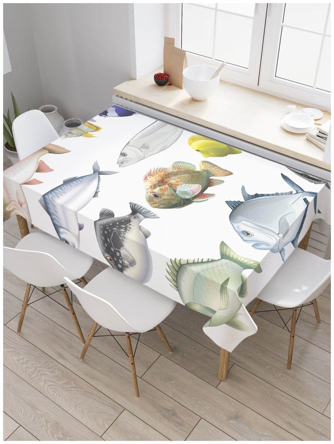 Скатерть прямоугольная JoyArty "Рыбная компания" из сатена, 120x145 см
