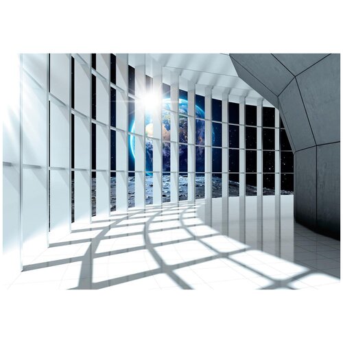 Фотообои Уютная стена 3D туннель с видом на планету 390х270 см Виниловые Бесшовные (единым полотном)