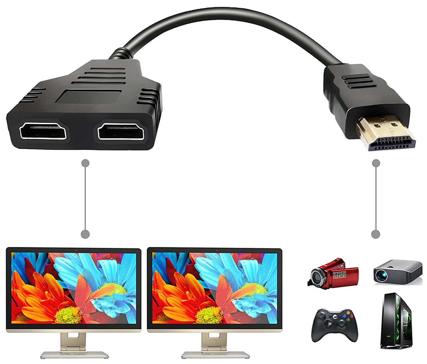 Переходник сплиттер / гибкий / переходник разветвитель HDMI (M) - 2x HDMI (F) 30см