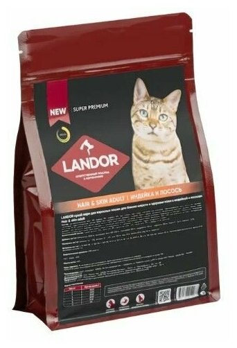 LANDOR полнорационный сухой корм для взрослых кошек, для шерсти и здоровья кожи, c индейкой и лососем, 400г