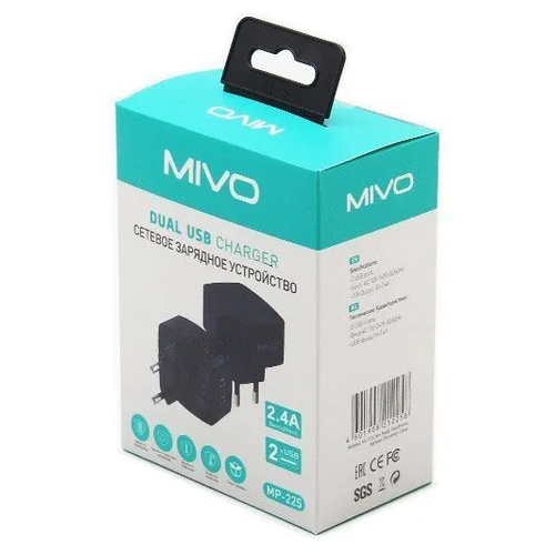 фото Сетевое зарядное устройство mivo mp-225 2 usb 2.4 a (оригинал)