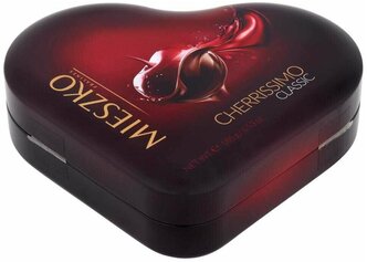 Набор шоколадных конфет Mieszko Черрисимо, вишня в ликере, сердце в жестяной шкатулке , 185 гр.