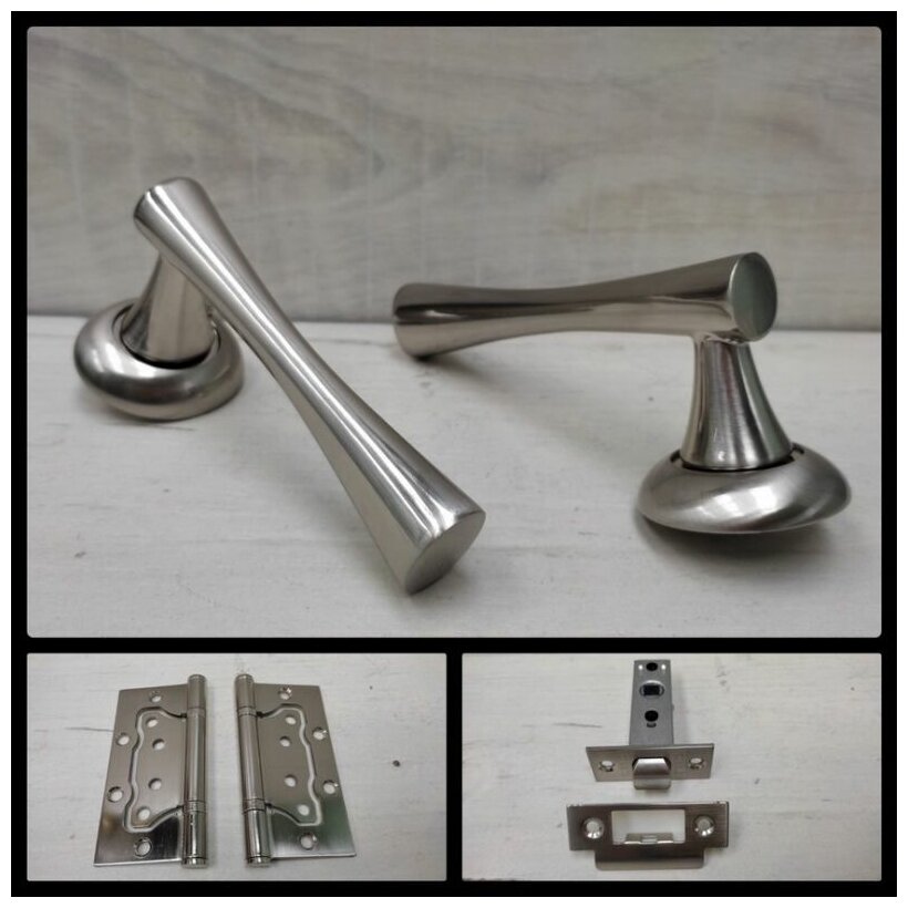 Комплект ручек для дверей Renz INDH_13-08_SN_L6-45 матовый никель (ручка + замок защелка + 2 петли без врезки)