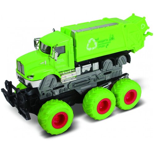 Мусоровоз с краш-эффектом, кабина die-cast, фрикционный, 6*6, зеленый, 1:43 funky toys ft61088