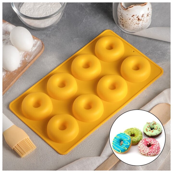 Форма силиконовая для выпечки Доляна «Пончики», 29×17 см, 8 ячеек, d=6 см, цвет микс
