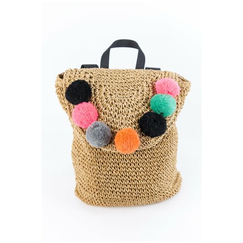 фото Женский пляжный плетеный рюкзак carolon с меховыми помпонами