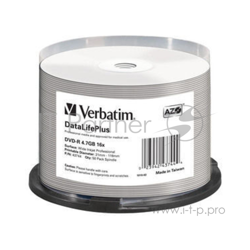 Диск DVD-R Verbatim 4.7Gb 16x Cake Box (50 штук), Printable (43744)