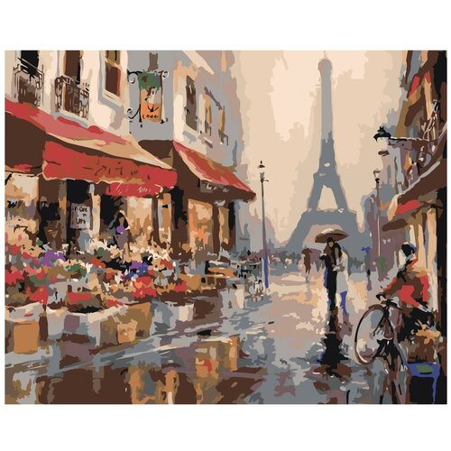 Картина по номерам, "Живопись по номерам", 100 x 125, BH18, Эйфелева башня, Париж, рынок, продажи, цветы, здания, дождь, зонт