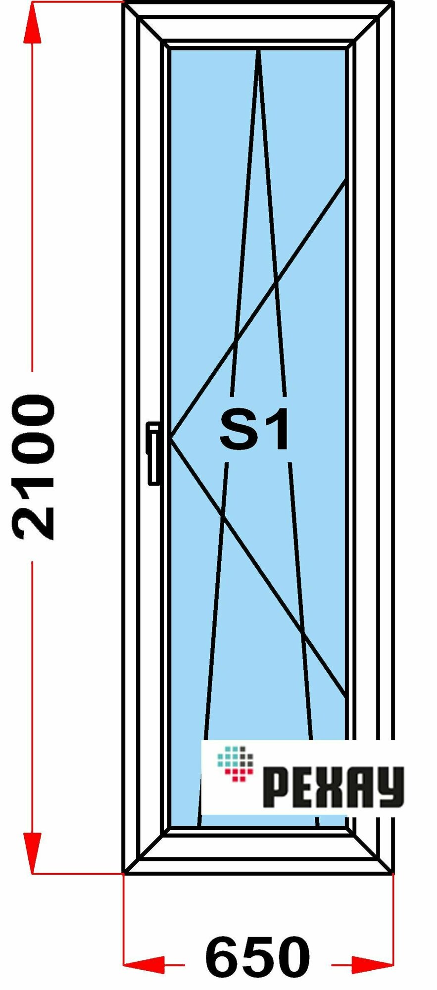 Балконная дверь из профиля РЕХАУ BLITZ (2100 x 650) 57, с поворотно-откидной створкой, 2 стекла