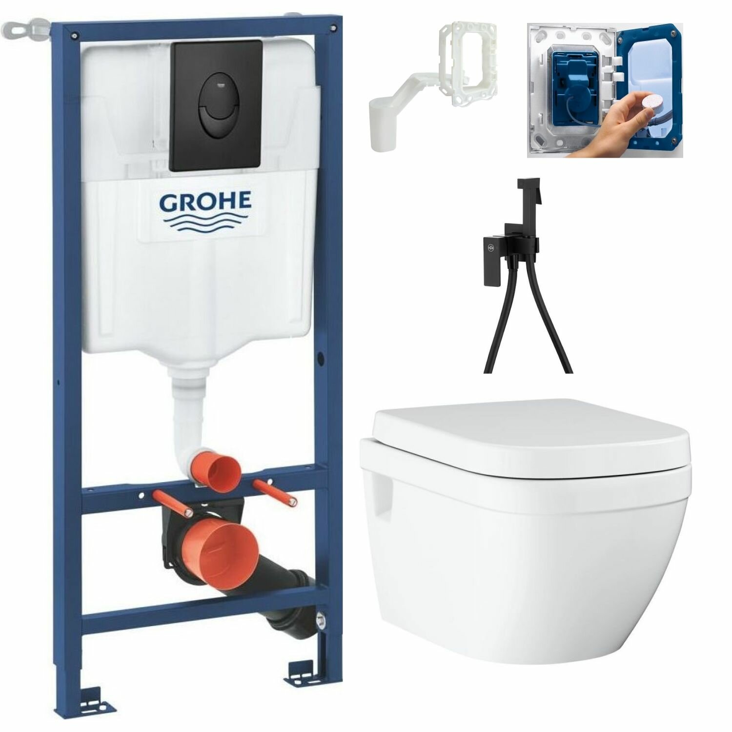 фото Готовое решение: инсталляция с крепежом для таблеток, подвесной унитаз Grohe Euro Ceramic, сиденье, гигиенический душ