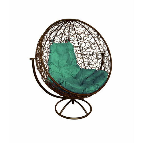 Вращающееся кресло круг с ротангом коричневое, зелёная подушка