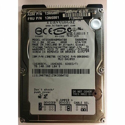 Жесткий диск Hitachi 13N6800 40Gb 5400 IDE 2,5 HDD жесткий диск hitachi 39t2521 40gb 5400 ide 2 5 hdd