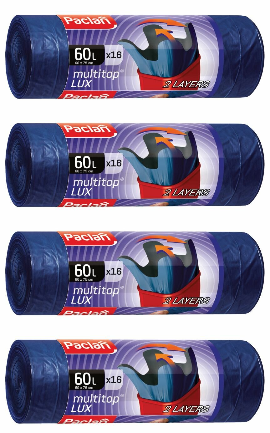 фото Paclan Мешки для мусора Multitop Lux с завязками, 60 л, 16 шт, 4 рулона