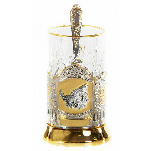 Подарочный набор c позолоченным подстаканником в футляре (3 предмета). Рыбы