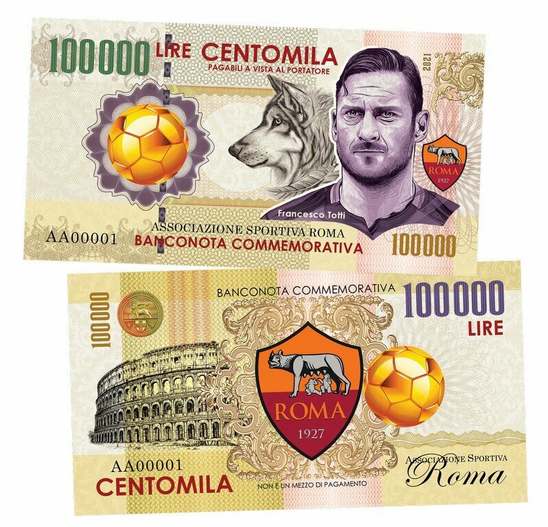 100 000 lire (лиры) - ФК Рома. Франческо Тотти. Италия. (Roma. Francesco Totti. Italy). 2021 UNC