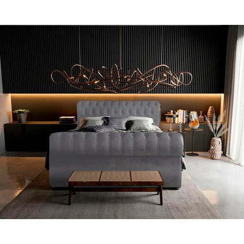 Двуспальная кровать 120x200, Chesterfield, с мягким изголовьем, с ящиком, велюр, серый