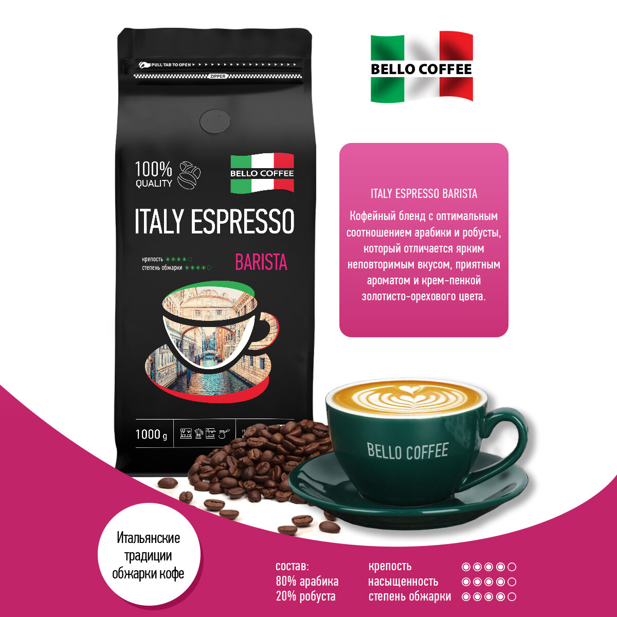 Кофе в зернах 1 кг BELLO COFFEE ITALY ESPRESSO BARISTA, Арабика/Робуста, кофе зерновой
