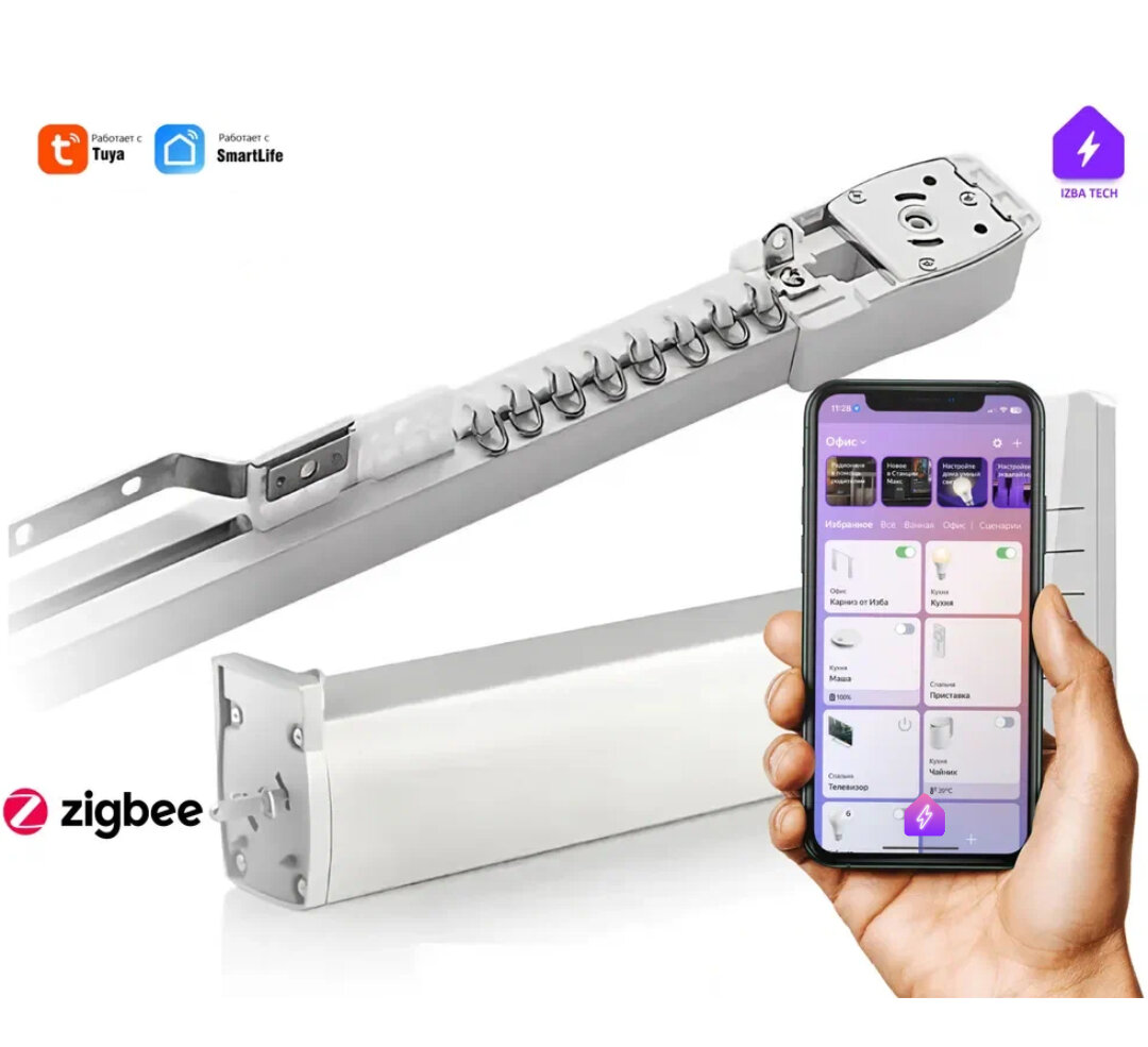 фото Умный карниз для Алисы Zigbee + RF: мотор с питанием от сети + пульт + карниз 2,5 метра, 6 способов открытия штор в одну или разные стороны!