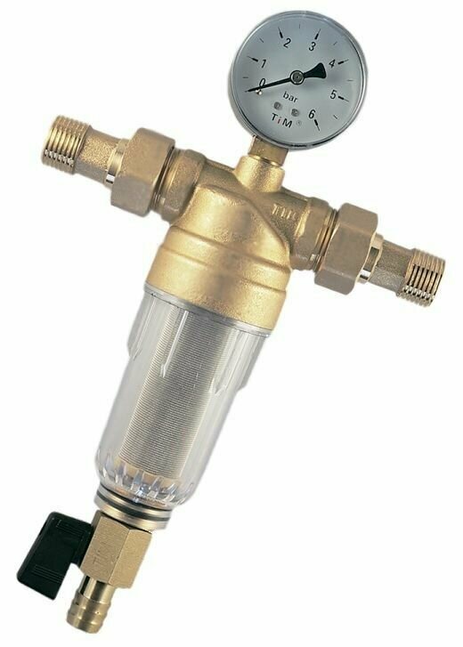 Фильтр механической очистки TIM JH-1002 муфтовый (НР/НР) 1/2", латунь, с манометром