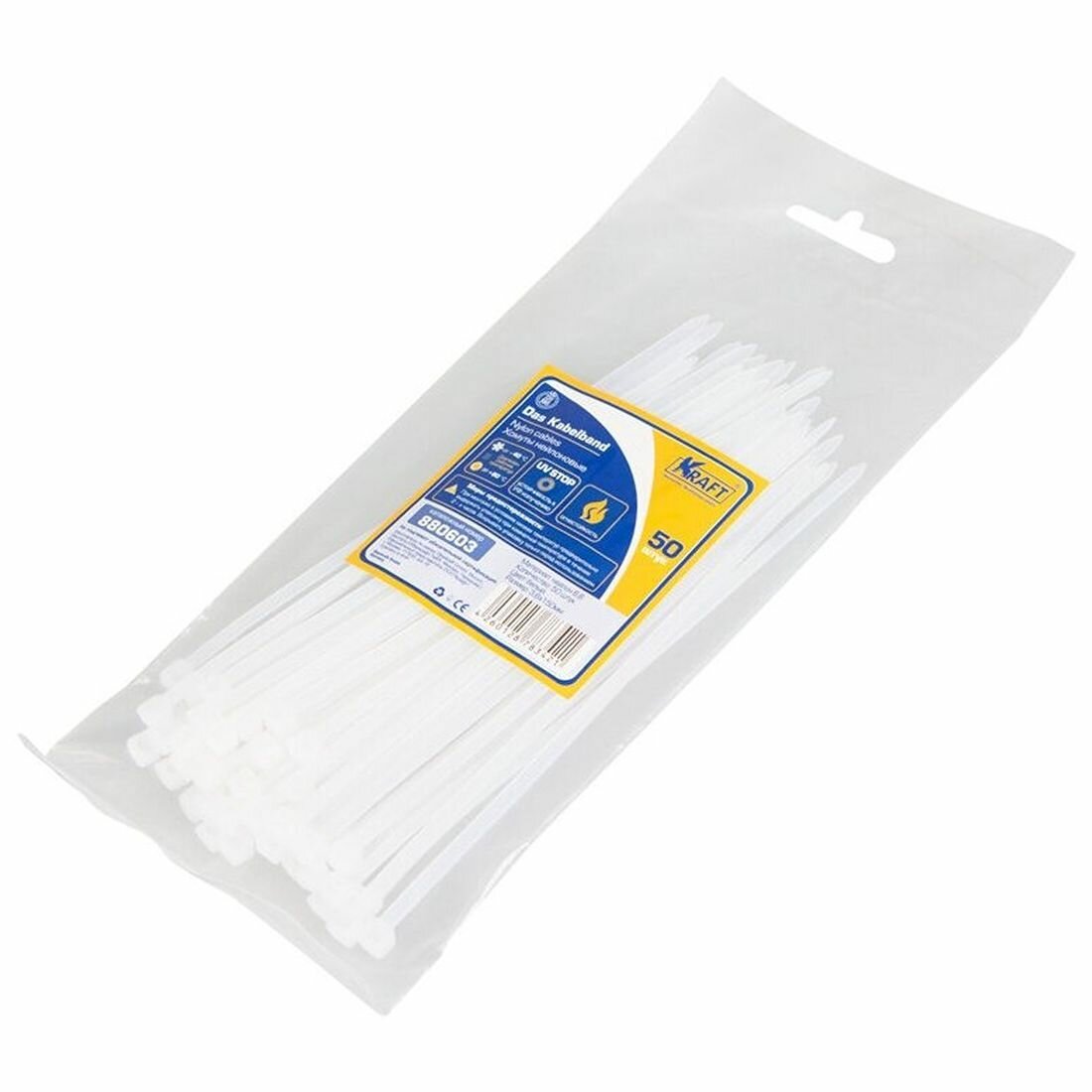 Хомут (стяжка) нейлоновый 36150 белый (уп-ка 50 шт) KRAFT KT880603